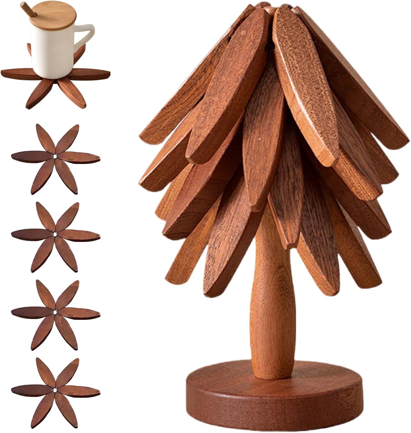 🔥Holiday Sale🎁 Natural Tree Trivet Set - 4 bambooTrivets & 1 Stand Like a Christmas Tree