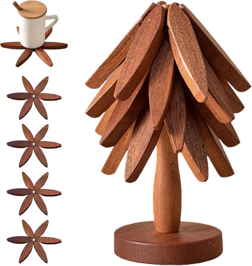 🔥Holiday Sale🎁 Natural Tree Trivet Set - 4 bambooTrivets & 1 Stand Like a Christmas Tree
