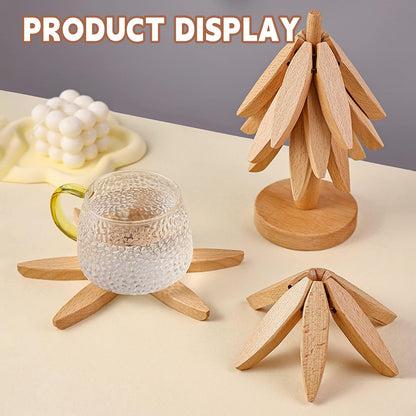 🔥Holiday Sale🎁 Natural Tree Trivet Set - 4 bambooTrivets & 1 Stand Like a Christmas Tree